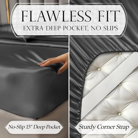 15- Satin 4 Piece Luxury Silky King Size Bedding Set 15" Deep - Picture 5 of 8